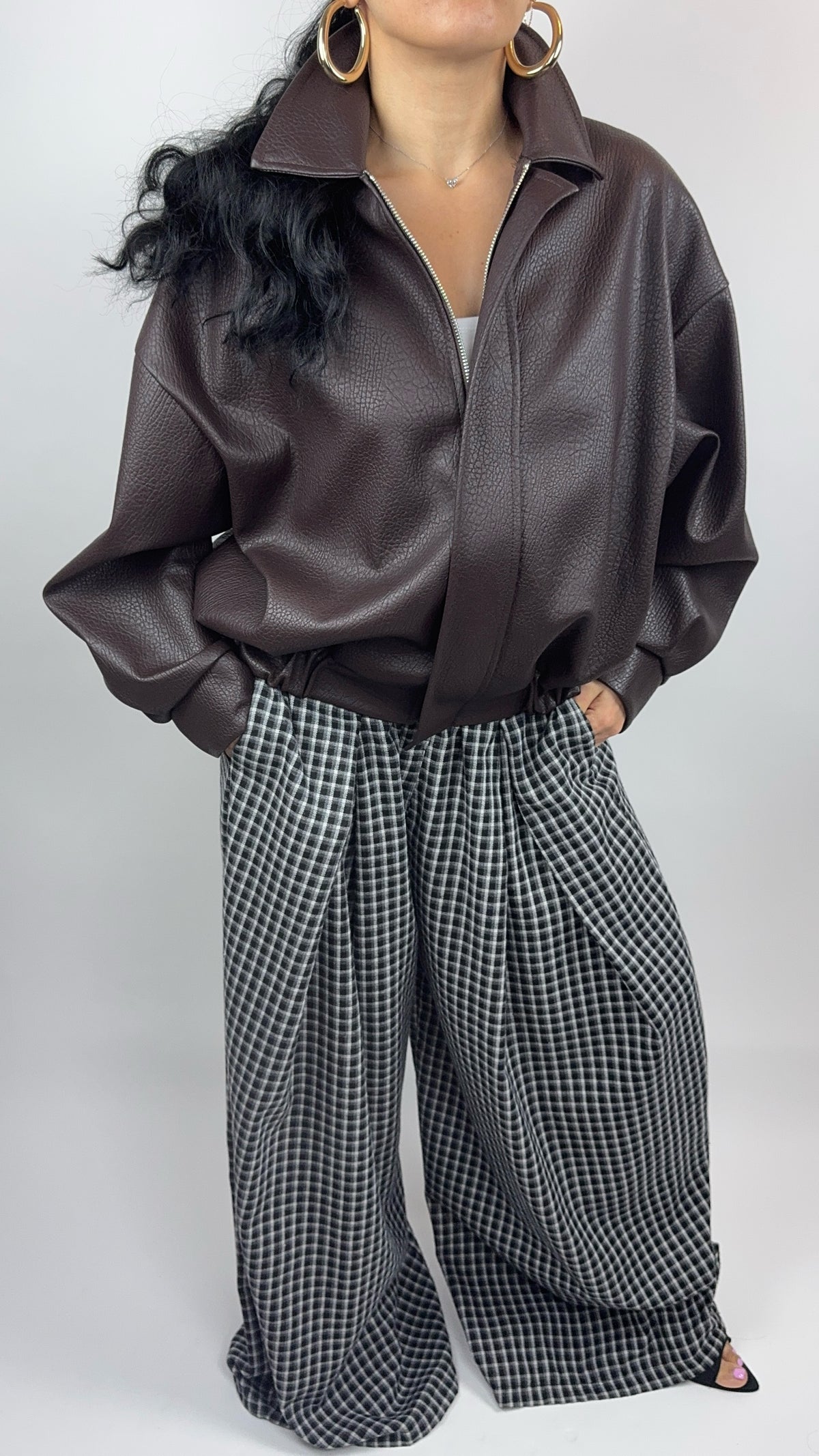 Veste Bomber Oversize en Similicuir Chocolat – Élégance & Tendance